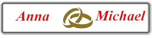 1x Hochzeit Autoschild mit Wunschtext Hochzeitsschild Hochzeitsauto Kennzeichen aus Aluminium Digital Druck (Goldene Eheringe)