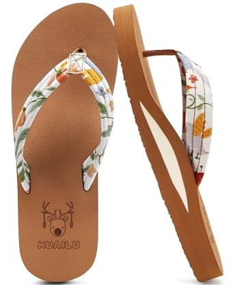 KuaiLu Womens Yoga Mat Flip Flops Comfortable Arch Support Ladies Summer Beach Pool Cushion Walking Thong Sandals Orthotic Slip on Outdoor Slides Travel Essentials Outfits Slippers Shoes Beige Size 9