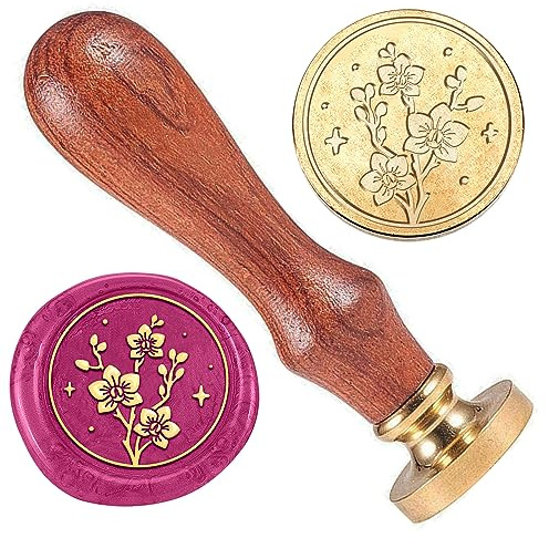 DELORIGIN Orchideenwachsstempel Siegelstempel Aus Blumenwachs 25 mm Abnehmbarer Siegelstempelkopf Mit Holzgriff Wachssiegelstempel Set Für Partyeinladungen Weinpakete Geschenke