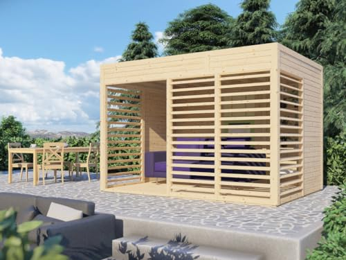 Woodtex Holz Pavillon Garten-Lounge | 19 mm Wandstärke | 336 x 240 cm | 232 cm hoch | Naturbelassenes Kiefernholz | mit Boden | Flachdach | 7,86 m²