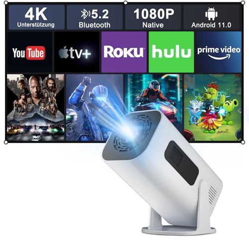 Eroshoo Mini Beamer Handy 4K Unterstützung mit Ständer,1080P Mini Projektor Android,Heimkino Beamer Outdoor,210°Drehbarer Smart Außenprojektor,Kompatibel TV Stick/Phone