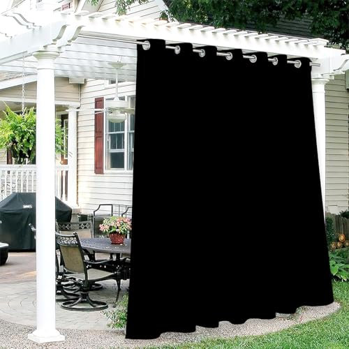Hiseng Cortina de Exterior Impermeable, Cortinas Exterior Porche Cortina Opacas con Ojales, 1 Piezas Cortinas Termicas Aislantes Frio y Calor para Terraza (Negro,132x160cm)