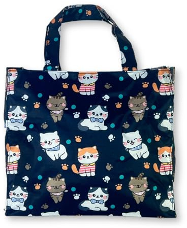 Borsa Donna Piccola In Plastica Busta Nylon Riutilizzabili per la Spesa Shopper Bag Borse Cerniera Zip Casual Universale Fantasia Gattini 30 cm Idea Regalo di Natale Mamma (Fantasia P.4 Blu)