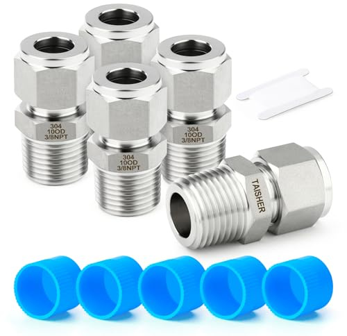 TAISHER 5PCS 304 Stainless Steel Compression Tube Pipe Fitting Connector, 10MM Tube OD x 3/8 NPT Male Straight Adapter