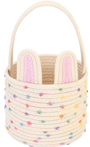 Sea Team Osterhasenkorb für die Eiersuche, Ostereier-Eimer, kleine gewebte Baumwollseil-Tragetasche mit Hasenohren und flauschigem Schwanz für Kinder, Ostertage-Dekoration, Party, Urlaub, Regenbogen