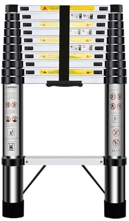 HUIYOPU Teleskopleiter 3,2m, Einziehbare Edelstahlleiter | Tragfähigkeit 150 kg, höhenverstellbar, Sicherheitsverriegelung, platzsparend, für Hauswartung, Dachboden, Camping