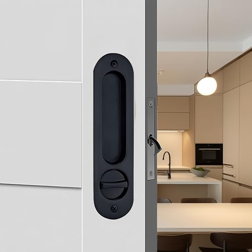Sliding Pocket Door Lock,173mm Sliding Door Latch with Turn Knob for Interior Wooden Door,Invisible Recessed Door Handle with Key,Keyed Pocket Doors Mortise Lock (Black)