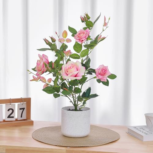 Warmiehomy Artificial Rose Tree 50cm Pink Like Real Fake Flower Plant in Pot for Home House Office Garden Bedroom Modern Decoration and Housewarming Gift
