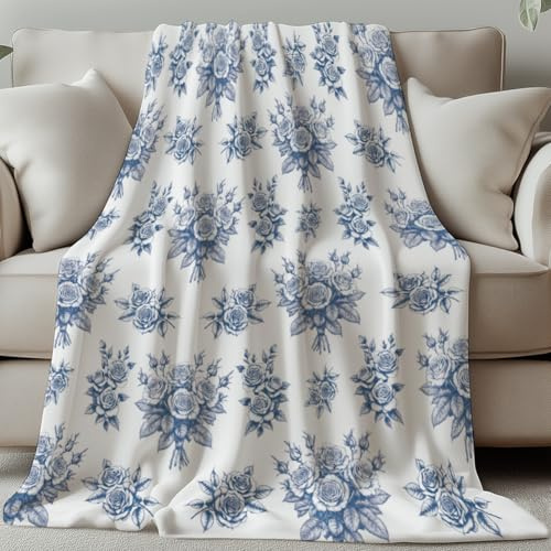 GLOBLELAND Blue Vintage Flowers Throw Blanket 59×51 inch Roses Soft Cozy Flannel Blanket Washable Fuzzy Bed Blanket for Home Office Room Sofa Chair Women Man