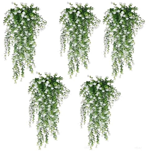 BAPPKON 5Pcs Artificial Hanging Flowers Outdoor UV-Resistant, Fake Trailing Plants with Realistic Flowers for Garden Wall Wedding Patio Decor, Indoor Outdoor Greenery White Hanging Vines