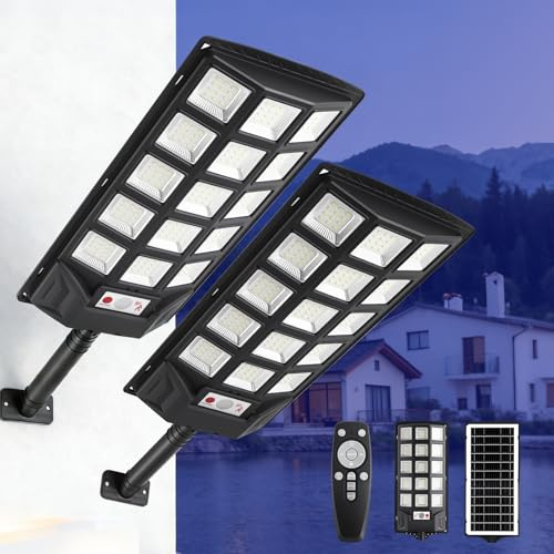 SENDALE Lámparas solares de 1000 W para exteriores, 2 unidades con mando a distancia, 6500 K, farola solar de calle, crepúsculo hasta el amanecer, IP66, lámpara solar de camino al aire libre para