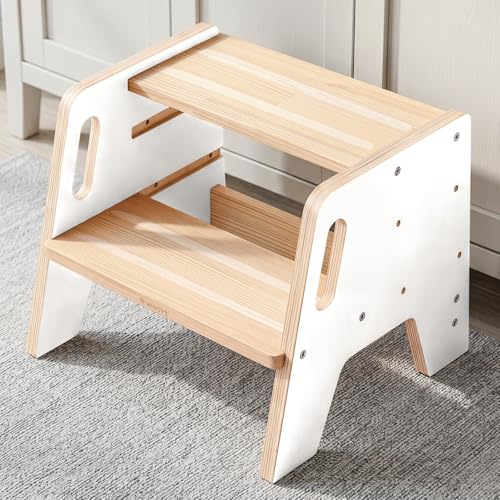 WINGYZ Kinder Tritthocker aus Holz, 2 Stufen, höhenverstellbar, Weiß