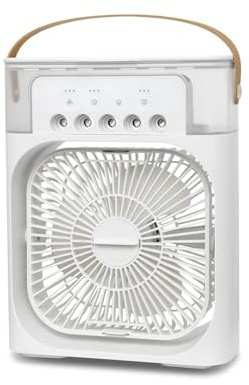 Wintem - Ventilatore Portatile Ricaricabile USB con Nebulizzatore, LED Multicolore, Timer, Aromaterapia e 3 Velocità, Ventilatore da Tavolo Compatto 21x36cm per Casa e Ufficio