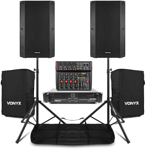 Vonyx Complete Passive PA System with 2x 12 PA Speakers, 2000W Amplifier, 8-Channel Mixer, Stands, Cables & Protective Covers - Live Music & Events Set