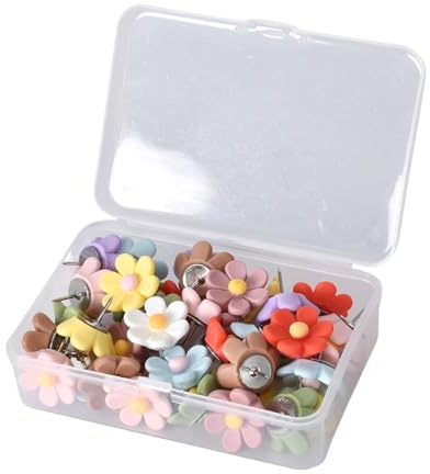 Blumige Pinnnadeln 40er Set mit Aufbewahrungsbox, Langlebig und Rostfrei, Korktafel-Reißzwecken-Zubehör, Geeignet für Korktafeln, Pinnwände, Karten, Fotos, Bastelarbeiten (Farbe)