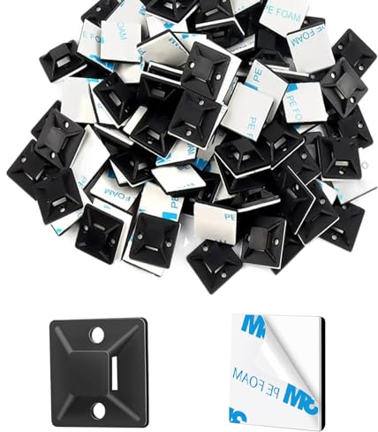 200PCS Cable Ties Mounts, Black Self-Adhesive Cable Clips Pads, Strong Sticky Cables Clips Base for Wire Management, Durable Cables Organizer for Home, Office, Garage, Workshop (20x20mm)