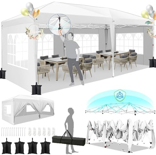 HOTEEL 3x6 Pavillon Wasserdicht Stabil, mit 6 Seitenwänden, Faltpavillon One-Push-Aufbau, 8 Windschutzstangen, Pop Up Partyzelt, für Hochzeiten Party Markt Picknick Camping (Weiß)