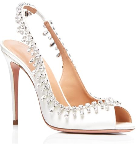 KKdhsfy Dam pumps strass pumps satin stilett högklackade sandaler fest bröllop brud klänning skor, Vit, 38 EU