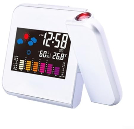 Projektionswecker mit LED-Zeitanzeige, Wetterthermometer, Luftfeuchtigkeitsmessungen, großem LCD-Bildschirm, Schlummerfunktion und USB-Ladeanschluss (weiß)