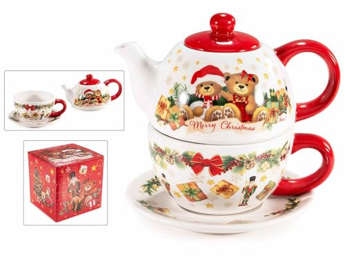 Set Teiera con Tazza Natalizia in Ceramica – Servizio Tea for One con Orsetti e Decorazioni “Merry Christmas” – Idea Regalo Natale con Confezione Decorata – cm 17,5 x 11,5 x 16 H 350ML