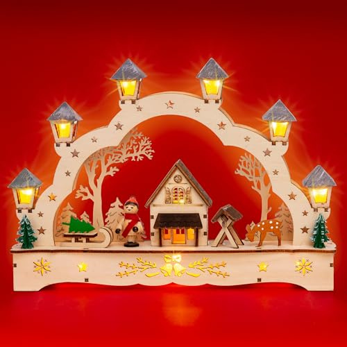 SIKORA LB62s-2 Kleiner Schwibbogen aus Holz beleuchteter LED Lichterbogen Deko Weihnachten Motiv Hütte im Wald Breite 27cm