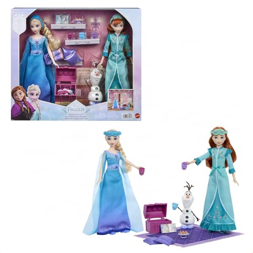 Mattel Disney Die Eiskönigin Spielzeug, Anna- und ELSA-Modepuppen mit Schlafoutfits und Hausschuhen, mit Olaf-Figur und 14 Zubehörteilen, Schwestern-Pyjamaparty Set, JML08