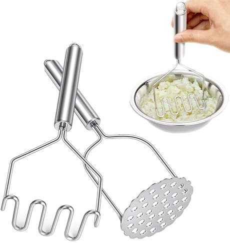 Kartoffelstampfer Edelstahl, 2 Stück Potato Masher, Stampfer Küche für Kartoffelpüree Gemüse Fruchtpüree - Spülmaschinenfest, (2 Köpfen: Draht & Perforierte Platte)