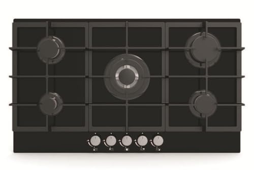 Cookology Essentials 90cm Gas-on-Glass Hob - 5-Burner - Black | Includes 3.5kW Wok Burner with Cast Iron Stands - Auto Ignition - Flame Failure Safety - LPG Kit