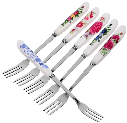 Lurrose 6 Tenedores Pequeños de Postre Mango de Cerámica Floral, Tenedores de Acero Inoxidable para Mezclar Pasteles y Frutas, Accesorios Prácticos para Buffet y Catering