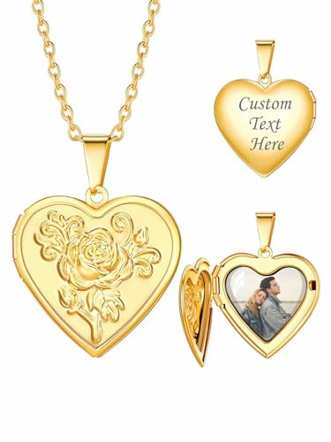 Custom4U Personalisierte Medaillon Kette für Damen - Kette mit Foto Gravur Herz Medaillon zum Öffnen, Silber/Gold/Schwarz 50 cm Kette Länge Personalisierte Geschenke für Mama Ehefrau (mit Geschenkbox)