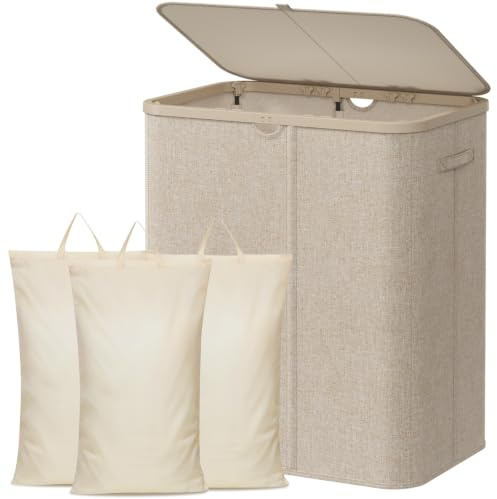 Lifewit 165L Wäschekorb mit Deckel und 3 Fächern, Beige | Großer faltbarer Wäschesortierer mit 3 Wäschesäcken und Tragegriffen für Schlafzimmer, Bad und Waschküche