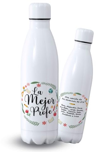 DEREGALOOS Botella Profesora Personalizada 700ml Acero Inoxidable. Bidón con Diseño Original Divertido para Fin de Curso. Regalo Profesor Maestra Seño Tutor con Nombre y Alumnos. (La mejor profe)