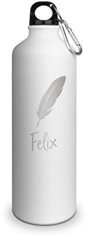 Trinkflasche mit Namen Felix - graviert mit Feder Layout, Aluminiumflasche mit Gravur, Sportflasche - matt weiß
