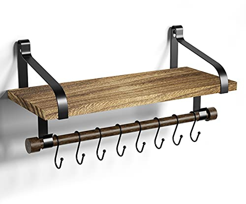 Love-KANKEI Wall Shelves for Kitchen Rustic Wood Kitchen Organizer with Wood Rail and 8 Removable Hooks for Organize Cooking Utensils, Multi Use as Spice Rack or Bathroom Shelf, Carbonized Black