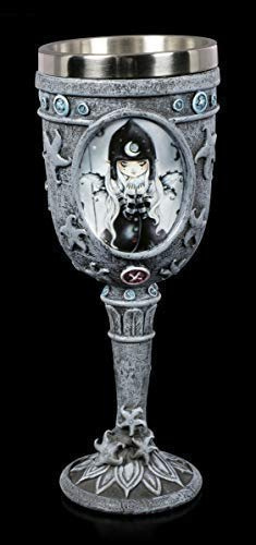 Figuren Shop GmbH Gothic Elfen Wein-Kelch - Black Stars | Fantasy Trink-Kelch, handbemalt, mit Edelstahleinsatz