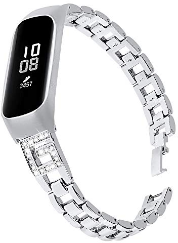 TenCloud Metal Straps Compatible with Samsung Galaxy Fit e R375 Strap, Replacement Stainless Steel Wristband Arm Band Bracelet with Rhinestone for Galaxy Fit e Fitness Tracker (Silver)
