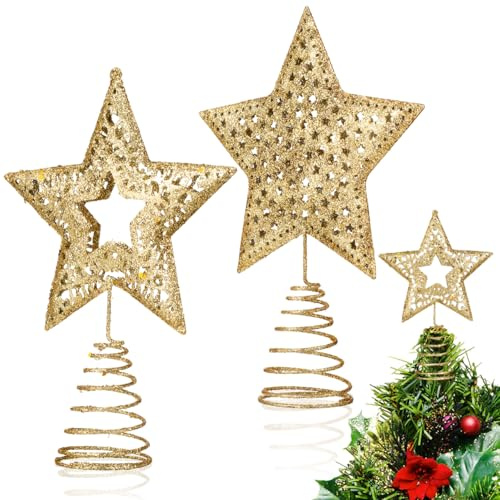 PRETYZOOM Weihnachtsbaum Spitzen Golden Sterne Glitzer Schmiedeeisen Christbaum Topper 2 Stück Christbaumschmuck Weihnachtsbaumschmuck Weihnachtsdeko Weihnachten Festival Party Dekoration