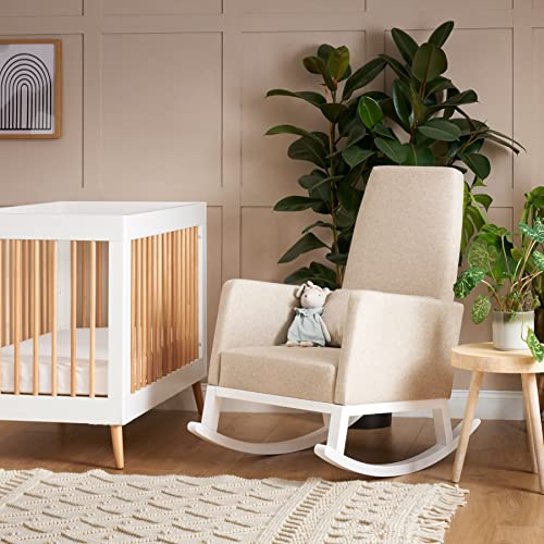 Obaby High Back Rocking Chair, White Wooden Nursing Chair with Oatmeal Cushions for Nursery Feeding and Relaxation
