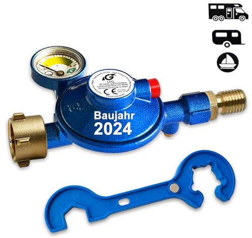 Bluecraft Caravanregler Gasregler 30mbar Fahrzeugregler für Wohnmobil Wohnwagen Marine-Regler mit Manometer Gasfüllstandsanzeige inkl. Gasregler-Schlüssel