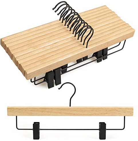 TOPIA HANGER Pants Hangers 10 Pack, Wooden Clothes Hangers with Black Clips and Rotatable Hook, Durable Natural Rubber Wood Hangers for Skirts, Pants, Jeans, Shorts - CTS02N