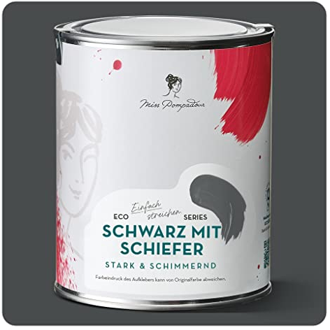 MissPompadour seidenmatte Holzfarbe Innen & Außen 1L Schwarz mit Schiefer, Möbelfarbe ohne Schleifen - Farbe für Holz, Metall, Kunststoff - Holzlack, Möbellack schnelltrocknend mit hoher Deckkraft