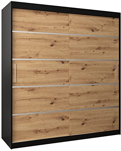 ABIKSMEBLE Armoire à Portes Coulissantes - Penderie Verona 1 - Meuble Porte Coulissante - Dimensions: Largeur 180cm, Hauteur 200cm, Profondeur 62 cm - Noir Mat + Chêne Artisan