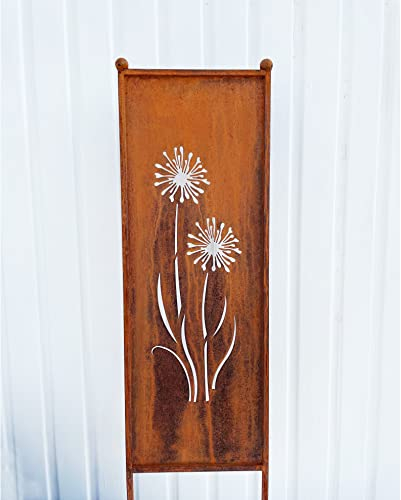 Edelrost Sichtschutz Blumen Motiv Allium 116 cm x 33 cm Paravent zum Stecken Gartenstecker Edelrost Gartendeko Wetterfest Rost Metall Zaun Pusteblume