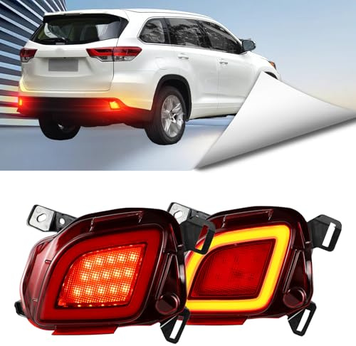BINQIGOO 2PCs Red Lens Rear Bumper Reflector Lights Compatible with Toyota Highlander 2015-2018 LED Rear Fog Lamp DRL Brake Light Turn Signal