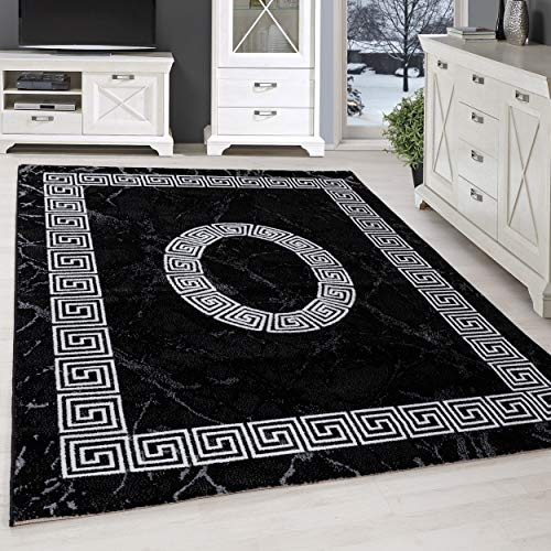 SIMPEX Teppich 240x340 cm Schwarz Kurzflor Mäander Bordüre Design Großer Teppich für Wohnzimmer Schlafzimmer Flur Küche Esszimmer Kinderzimmer Pflegeleicht Weich