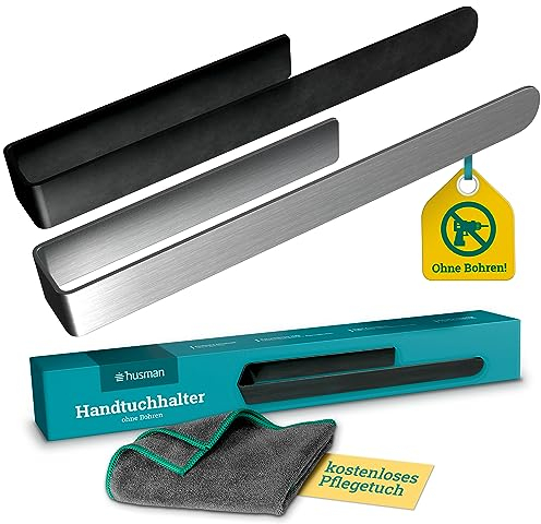 husman® Handtuchhalter ohne Bohren | Edelstahl Matt Schwarz 37 cm | Handtuchstange zum Kleben für Bad & Küche | Handtuch Halterung Geschirrtuchhalter Spültuchhalter | Badezimmermöbel Badezimmer Deko