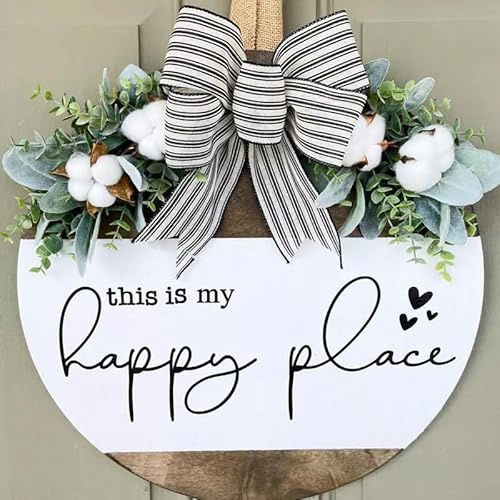 This is My Happy Place Sign Wreaths, Welcome Front Door Decoration Wall Hanging Signs, Holiday New Year Christmas Decoration Housewarming Gift for Home Outdoor Indoor, 12 inches