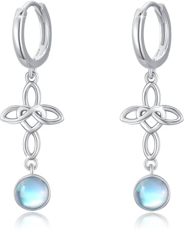 Keltische Tropfenohrringe 925 Sterling Silber Mondstein Huggie Hoop Ohrringe Keltische Ohrhänger Schmuck für Frauen Mädchen