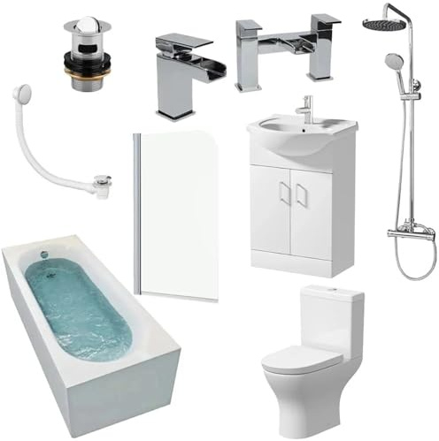 Complete Bathroom Suite with 1700mm Bath, Curved Over Bath Screen, Basin Vanity Unit, Close Coupled WC, Shower Set, Basin & Bath Mixer Taps + Wastes