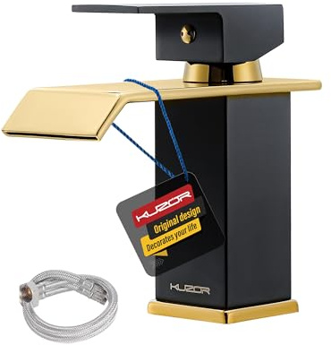 KUZOR 1PC Messing Wasserhahn Bad Waschtischarmatur - 5-minütige Installation, Wasserfall Badezimmerarmatur mit 50cm Kaltes Warmes Wasser Schläuche - Höhe 141 mm, Gewicht 631,4 g - Mattschwarz und Gold